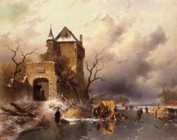 Charles Henri Joseph Leickert : Skaters on a Frozen Lake by the Ruins of a Castle